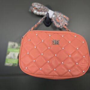 NWT! Badgley Mischka Vegan Leather Coral Diamond Quilted Bag With Pearls
